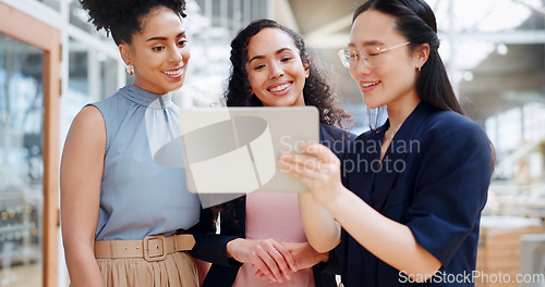 Image of Tablet, collaboration and business women with teamwork marketing strategy and website planning. Digital technology, diversity and creative employees review new design, feedback or ideas communication