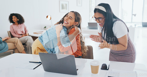 Image of Laptop, success or women high five at work in celebration of digital marketing sales goals or kpi target. Happy, winner or excited employees hugging to celebrate bonus, business growth or achievement