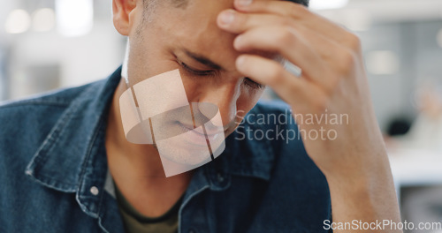 Image of Businessman, stress headache and office for finance, planning or anxiety for target, deadline or kpi. Black man, burnout and mental health in modern office for strategy, thinking or exhausted at work