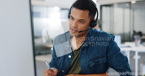 Image of Crm, technical support and web help man consultant working on a digital call in a office. Telemarketing, customer support and call center agent doing sales communication for customer service