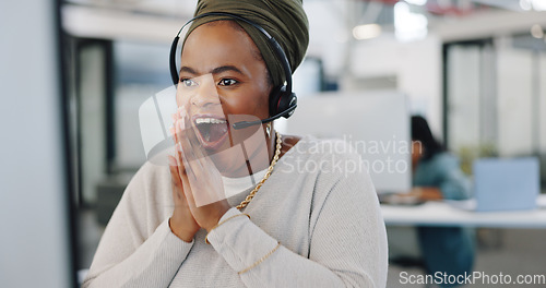 Image of Call center, celebration and woman on computer business sales, telemarketing success and target or survey results of african worker. Office, telecom and winner employee in website support excellence