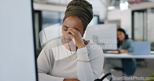 Image of Call center, stress and black woman with headache working in customer support, sales or crm. Burnout, woman and worker suffer pain, migraine or frustration, anxiety and pressure in customer service