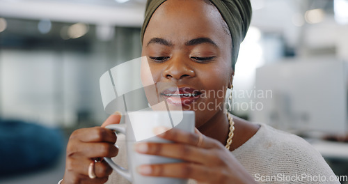 Image of Office, tea and woman smell coffee to relax, calm down or drink while working on feedback review of social media digital marketing. Aroma, coffee break and African worker in online advertising agency