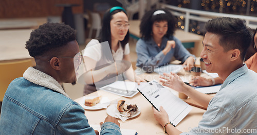 Image of Leadership, documents and business people in meeting with Asian man at office while having lunch. Presentation, coaching and male mentor with paperwork training group of employees on sales strategy.