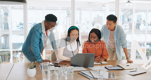 Image of Celebration, laptop and business people high five, applause and celebrate goals, targets or achievement. Teamwork, winner and group collaboration of employees on pc clapping and celebrating success.