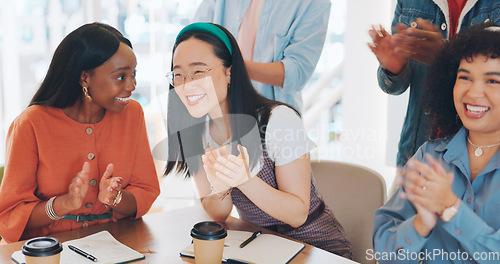 Image of Success, applause or people in a meeting or presentation celebrate team goals, target or kpi sales performance. Community, diversity or happy crowd of employees clapping to support business growth