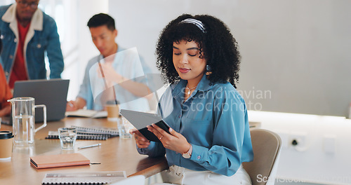 Image of Face, leadership and black woman with tablet in meeting for advertising or marketing strategy. Ceo, boss and female entrepreneur with touchscreen for internet browsing, email or research in office.