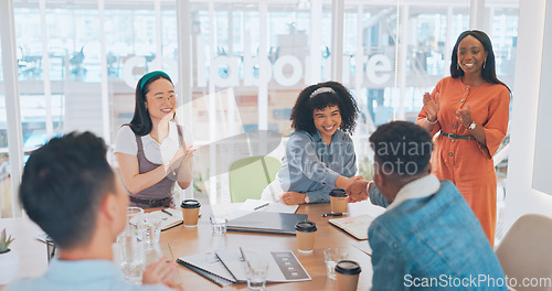 Image of Welcome, handshake and applause with business people in meeting for onboarding, partnership and success. Deal, congratulations and achievement with employee in boardroom for planning, target and sale