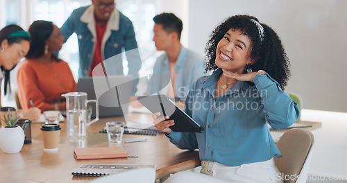 Image of Face, leadership and black woman with tablet in meeting for advertising or marketing strategy. Ceo, boss and female entrepreneur with touchscreen for internet browsing, email or research in office.