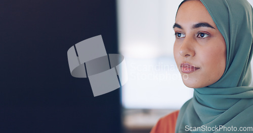 Image of Islamic woman, phone call and talking in office for internet communication, b2b business conversation and happy employee working on computer. Muslim worker, happiness and speaking on smartphone