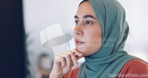 Image of Islamic woman, phone call and talking in office for internet communication, b2b business conversation and happy employee working on computer. Muslim worker, happiness and speaking on smartphone