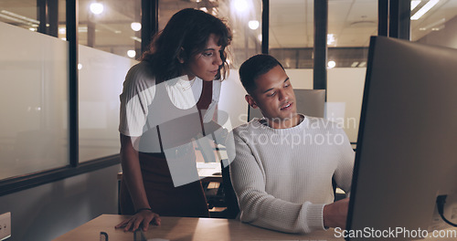 Image of SEO, manager or digital marketing training, coaching or leadership by woman talking to an employee at office desk. Computer, mentorship or team leader helping worker with research strategy or advice