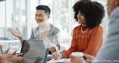 Image of Meeting, collaboration and team planning a project together in the office conference room. Teamwork, diversity and business people in discussion while working on a b2b corporate strategy in workplace