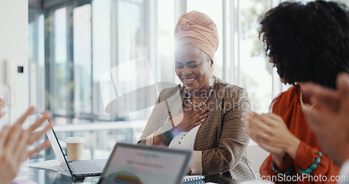 Image of Business people, meeting and applause for promotion, contract or partnership for black woman in office. Group, management team or congratulations handshake in workplace for success, goal or career