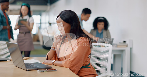 Image of Black woman, thinking and laptop for digital marketing, writing notes or online schedule in modern office. African American female, administrator and creative with idea, planning advertising or focus