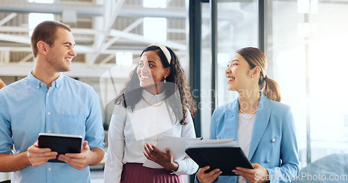 Image of Office, communication and group of business people walking in office. Teamwork, collaboration and man and women with documents and tablet planning strategy, brainstorming ideas or casual conversation