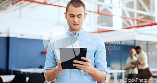 Image of Businessman, face or digital tablet in coworking office on digital marketing schedule, web design app or advertising calendar. Portrait, smile or happy creative designer in technology vision planning