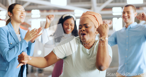 Image of Creative business people, dancing and celebration at office for teamwork, achievement or corporate goals. Group of happy employee staff in dance celebrating together for company startup at workplace