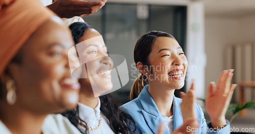 Image of Business, celebration and women applause for meeting success, corporate smile and happiness, Training audience, clapping and business meeting with diversity, learning and crowd in a office for work