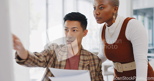 Image of Leadership, black woman or manager mentoring an employee on SEO digital marketing strategy or feedback. Computer, report paperwork or advertising expert coaching, helping or training Japanese worker
