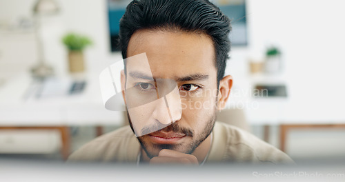 Image of Asian man, face thinking and idea with computer, planning and brainstorming for success in programming. Tech startup worker, executive focus and solution with innovation by desktop pc in workplace