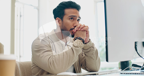 Image of Computer, headache and face of businessman stress over bad investment, stock market crash or financial economy crisis. Burnout, migraine and crypto trader with forex, bitcoin or NFT trading mistake