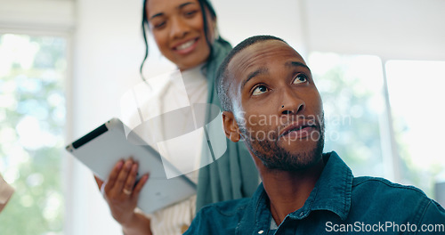 Image of Success, applause and feedback, man in office at creative startup business with proud team. Congratulations, cheering and support for winner target achievement with employees clapping hands at desk.