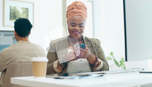 Image of Business phone, office and black woman laughing at funny meme, joke or comedy on social media. Comic, cellphone and female employee with mobile smartphone laugh at online humor while web browsing.