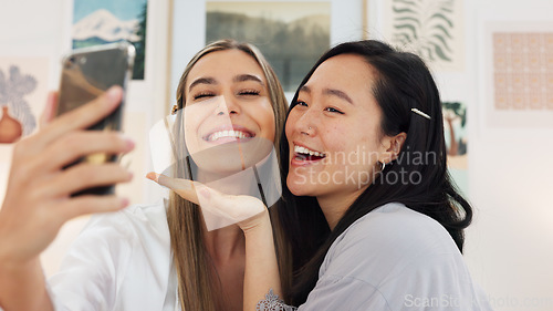 Image of Friends taking selfie with a phone on the wedding morning preparing for the day together in room. Event, smile and happy bride showing her ring while taking picture with her best friend on smartphone