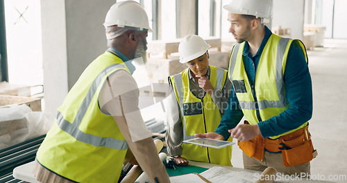 Image of Communication, management and construction worker team for collaboration and building renovation teamwork on a tablet software app. Industry civil engineering contractor meeting planning development