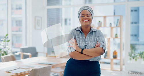 Image of Black woman, business leadership and happy portrait of worker, management and empowerment for company, vision and goals in office. Smile, manager and arms crossed with motivation in Nigeria startup