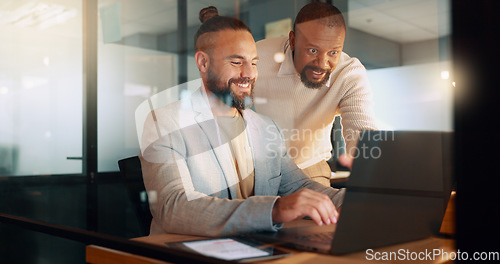 Image of Laptop, typing and men in office writing an email, internet research or performance data report. Technology, communication and startup businessman working on project or networking on computer at desk