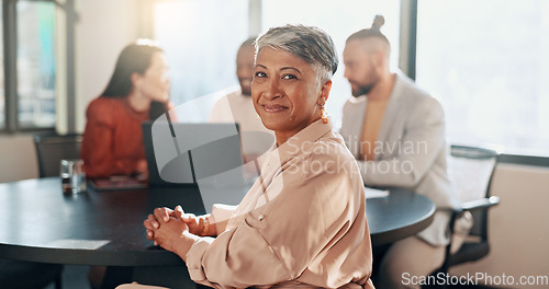 Image of Happy woman, portrait and business meeting with team, management and staff in office for workshop, partnership and startup success. Smile, motivation and mature manager in collaboration with workers