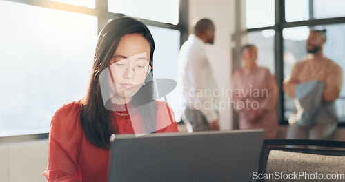 Image of Business, technology and Asian woman in office, working with team on laptop, tablet and computer in workplace. Success, teamwork and female worker walking, meeting and planning for digital marketing