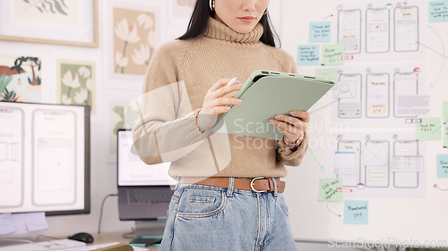 Image of Woman, tablet or planning for ux web design, creative website code or software app seo. Developer, programmer or digital engineer with technology stylus for designer coding strategy or ui programming