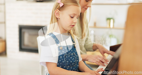 Image of Music development, girl learning piano and musical note education from mom in the home living room. A child musician playing keys, learn creative audio art and fun concert performance in family house