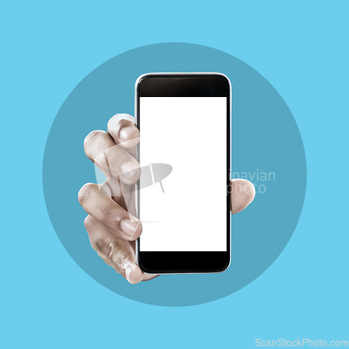 Image of Hands, phone and screen on mockup for marketing, advertising or branding logo against studio background. Hand of person holding smartphone with mock up display for social media or advertisement