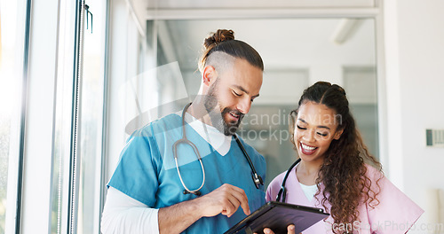 Image of Medical nurse, surgeon and healthcare tablet with a team talking, planning and communication about surgery. Man and woman hospital staff meeting using technology for results, innovation and medicine