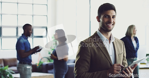 Image of Man, tablet and portrait of leader in startup business planning, idea or vision at the office. Happy male designer with touchscreen and smile for leadership, project management or company goals