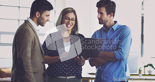 Image of Laptop, teamwork collaboration and happy business people consulting on social network, customer experience or ecommerce. Brand monitoring, website feedback and media team review of online survey data