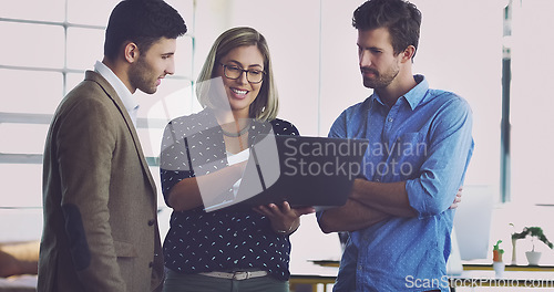 Image of Laptop, collaboration and happy business people consulting on social network, customer experience or ecommerce. Brand monitoring teamwork, website feedback and media team review of online survey data