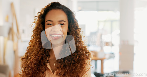 Image of Fashion design, portrait and woman with smile while working in retail at a shop or boutique. Face of a young, comic and creative designer laughing, being funny and happy at studio or store for design