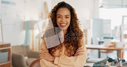 Image of Designer, fashion and portrait of business woman with smile, laugh and happy from startup success. Excited black woman in creative workspace with successful small business in fashion design industry