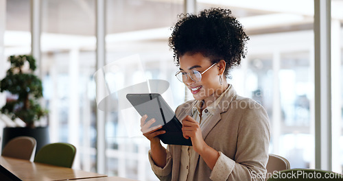 Image of Tablet, black woman and business marketing, social media update or networking with smile. Website, company blog or online communication, office worker with glasses smile for digital strategy success