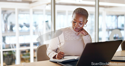 Image of Thinking, laptop and management with business woman research for social media news, digital marketing or planning. Leadership, strategy and agenda with black woman for idea, contact or date analytics