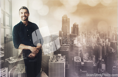 Image of Businessman, portrait smile and city with vision for career ambition, goals or success in double exposure. Male architect employee smiling for planning, idea or architecture buildings on overlay