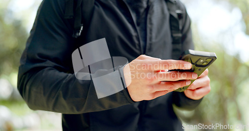 Image of Man, hands and phone for hiking gps, location or map in Australian forest, nature woods or sustainability environment. Zoom, hiker and backpacking person on mobile technology for fitness training app