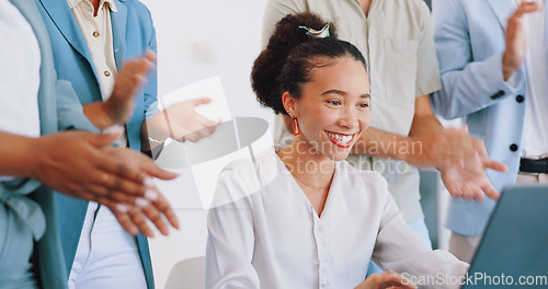 Image of Clapping, laptop and winner woman in office success, congratulations and celebration of company target sales. Achievement, goals and applause worker, employee or person promotion, news or opportunity