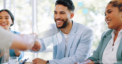 Image of Handshake, partnership and business people in meeting, job interview and success in hiring process. Recruitment, collaboration and man shaking hands for networking, onboarding and welcome in office