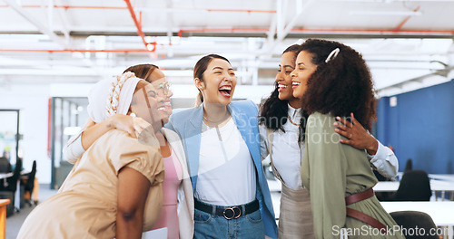 Image of Business women in team building hug for office celebration, success and love of diversity, equality and empowerment in marketing agency. Happy creative employees or friends in workspace group support